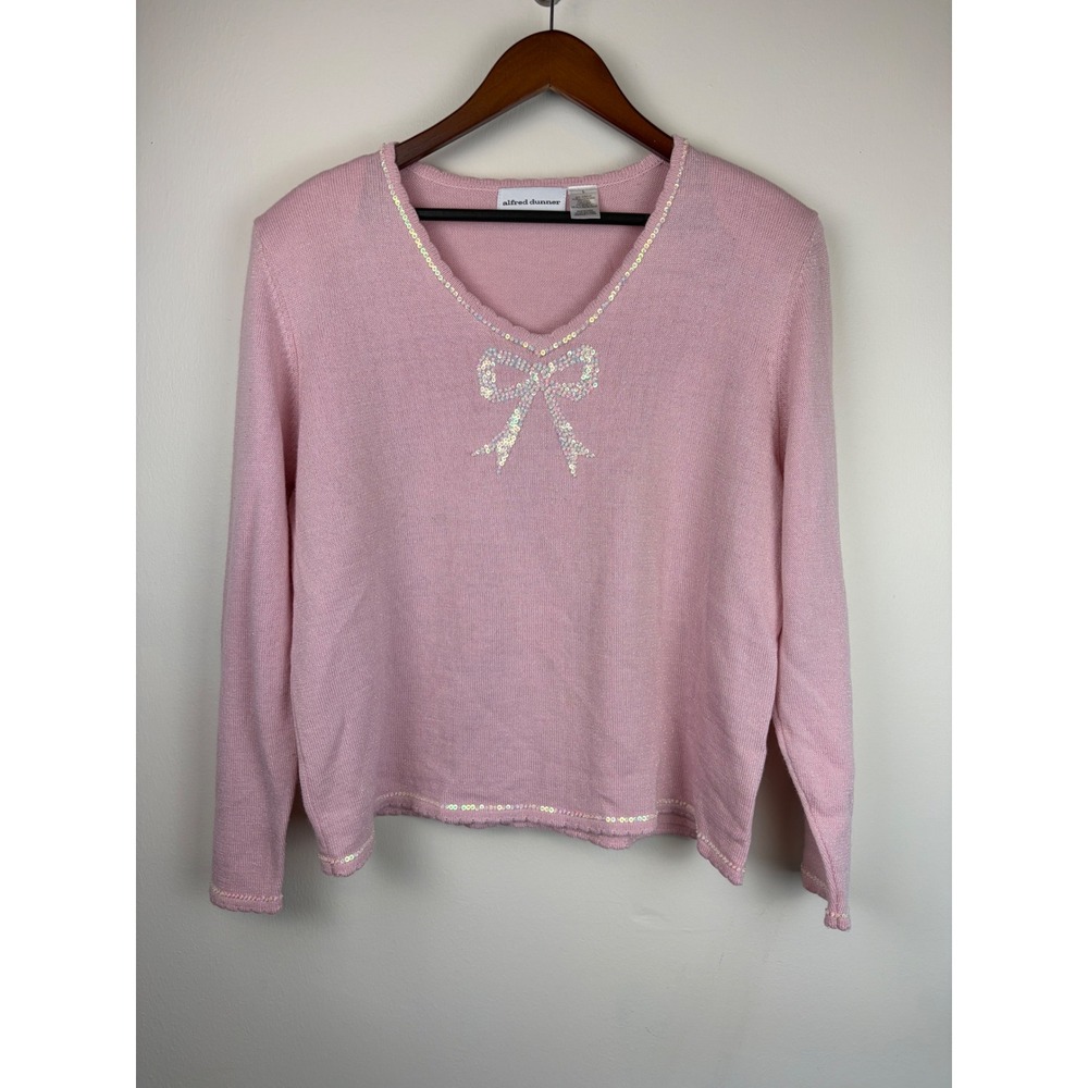 Alfred Dunner Sweater L Pink Sequin Bow V-Neck Metallic Knit Barbiecore Coquette